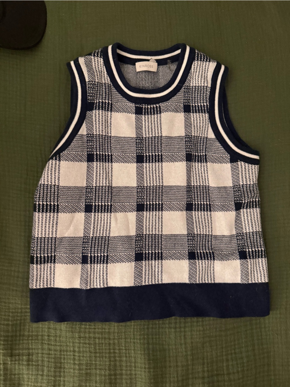 Kinross Cashmere Navy and White Plaid Vest Top